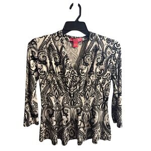 Catherine Malandrino Black White Paisley Print V Neck 3/4 Sleeve Top Size S